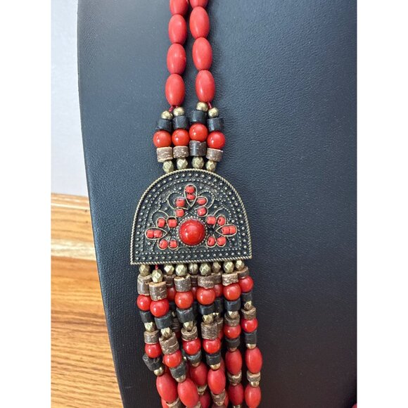 Vintage Red Beaded Multi-Layer Necklace Bronze Accents Adjustable Lobster Clasp - Picture 3 of 4
